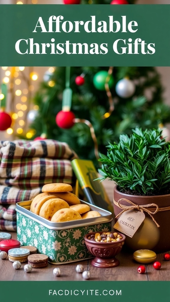 A collection of budget-friendly Christmas gifts including cookies, a blanket, and a plant, surrounded by holiday decorations.